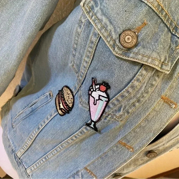 Bershka Denim Jean Jacket Vintage Inspired Style Patches Cactus Watermelon: XS - Picture 4 of 12